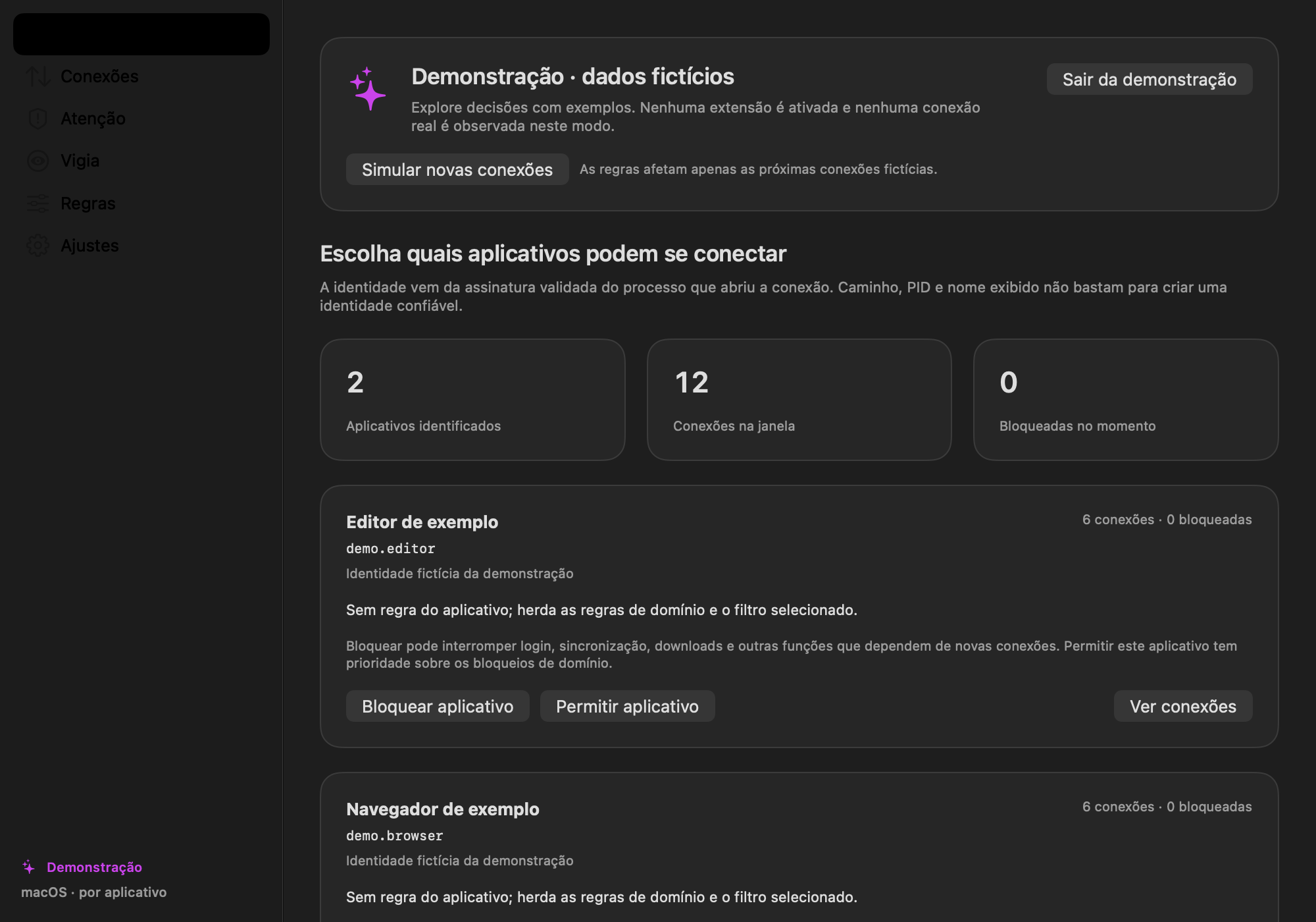 Privacy Check para Mac em modo de demonstração: painel de aplicativos e conexões fictícias