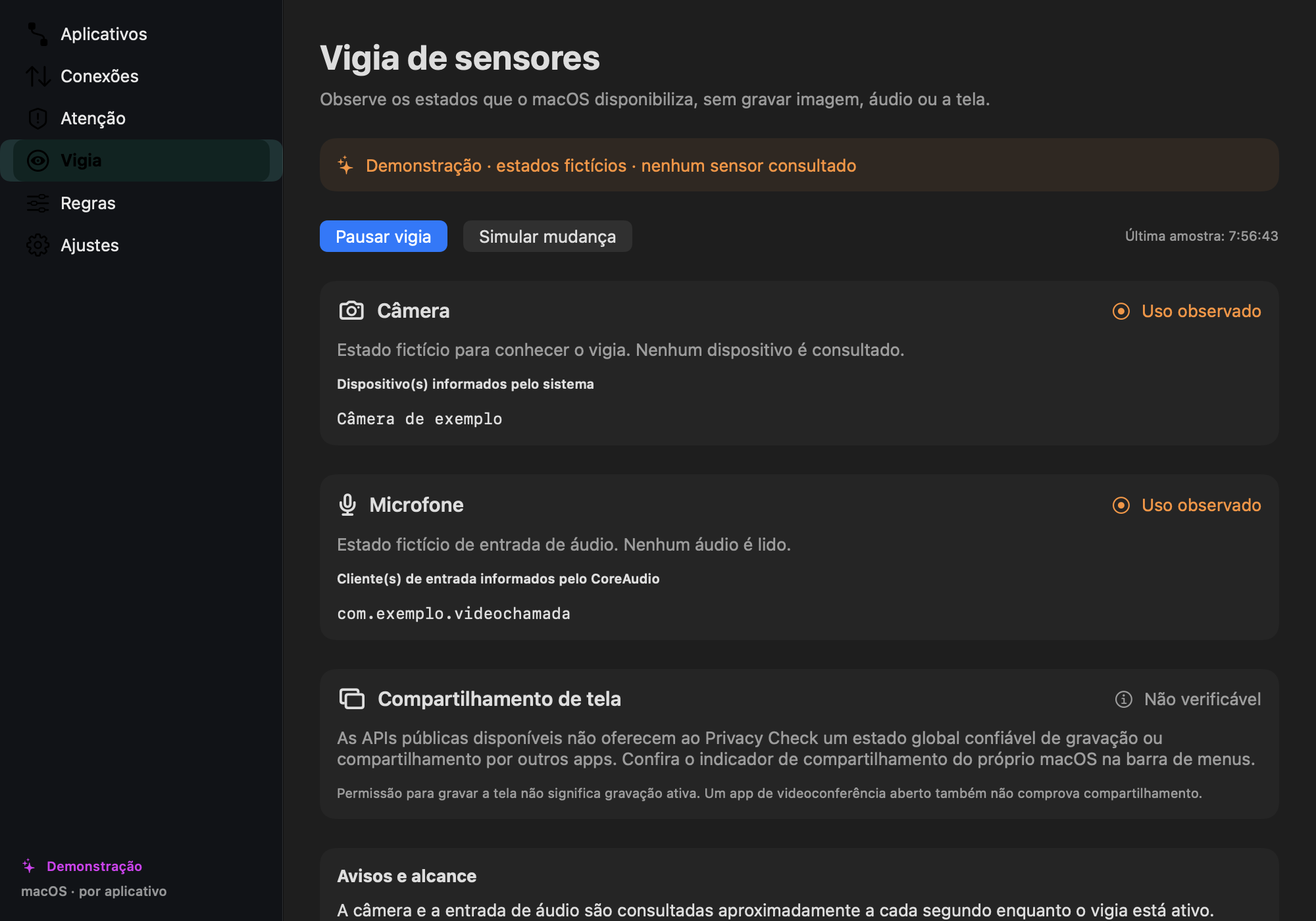 Painel Vigia do Privacy Check, com estados fictícios de câmera, microfone e informação de tela não verificável
